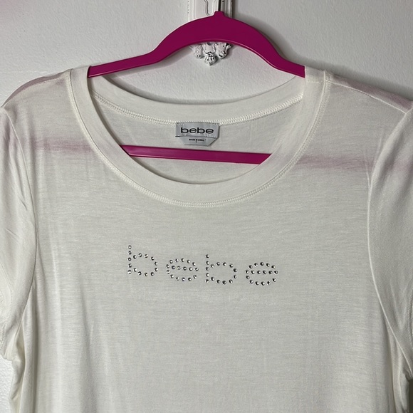 Bebe Logo Rhinestone Tee in White, Size Large. - Picture 3 of 9